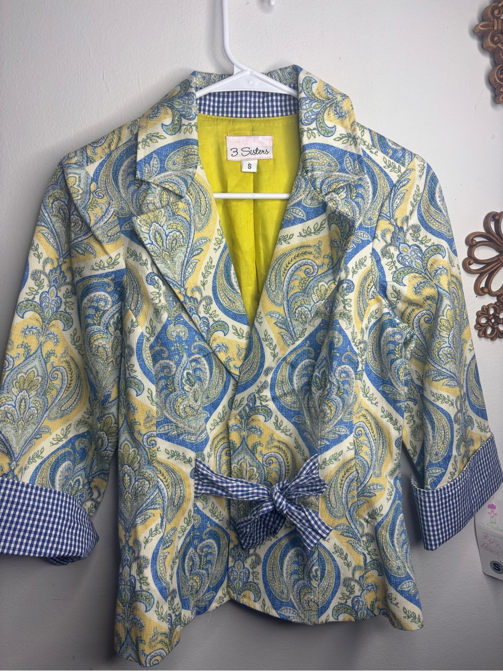 3 Sisters NWT Women Small Paisley Print Gingham Trim Tie Waist Jacket Blazer